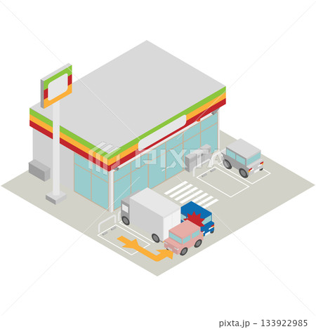 アイソメトリックなコンビニエンスストアの駐車場でよくある車同士の事故のイメージ素材 133922985