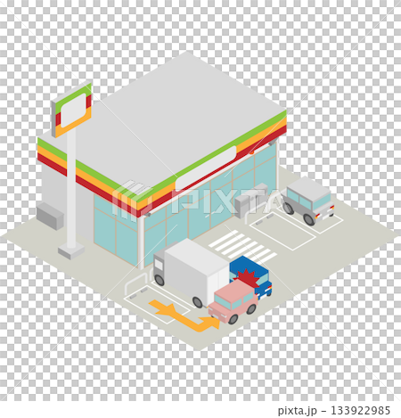 アイソメトリックなコンビニエンスストアの駐車場でよくある車同士の事故のイメージ素材 133922985