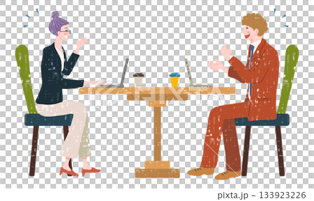 カフェでの打ち合わせとディスカッションをするビジネス男女（水彩風イラスト） 133923226