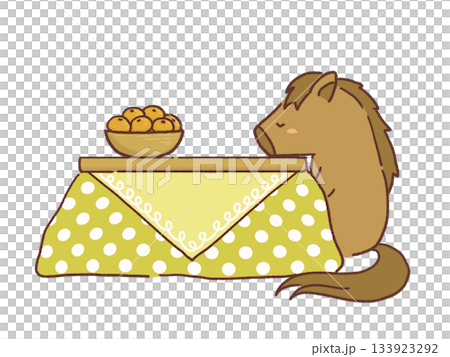 Illustration of a horse sitting in a kotatsu Illustration of a horse sitting in a kotatsu 133923292