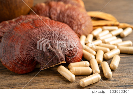 Dried lingzhi mushroom with capsule drug, alternative medicine herbal organic herb. 133923304