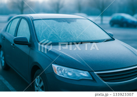 寒さで窓ガラスが凍り付いた車 寒さで窓ガラスが凍り付いた車 133923307
