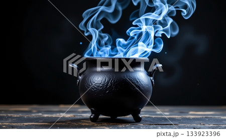 An image showcases a black cauldron with blue magical smoke emanating from it, placed on a dark surface An image showcases a black cauldron with blue magical smoke emanating from it, placed on a dark surface 133923396