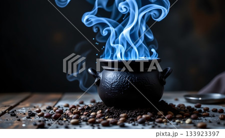 An intriguing scene of a mystical blue substance emanating from a cauldron placed on a table set with a scattering of coffee beans An intriguing scene of a mystical blue substance emanating from a cauldron placed on a table set with a scattering of coffee beans 133923397