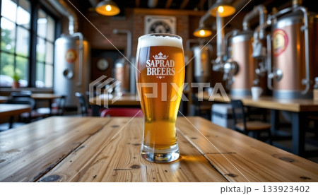 A glass of beer placed on a wooden table in what appears to be a brewery setting 133923402