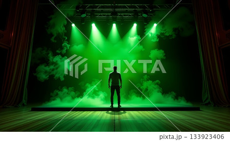 An indoor stage set up for a performance. A person stands in the center of the stage with a microphone stand in front of them An indoor stage set up for a performance. A person stands in the center of the stage with a microphone stand in front of them 133923406