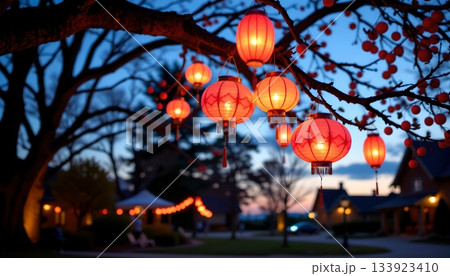 An outdoor setting at dusk, featuring a tree with red lanterns hanging from its branches 133923410