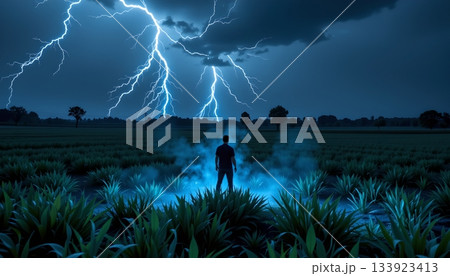 In the center of the image, there's a person standing in an open field at night In the center of the image, there's a person standing in an open field at night 133923413