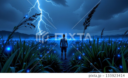 A solitary figure journeying through an illuminated field at night, surrounded by tall grass 133923414