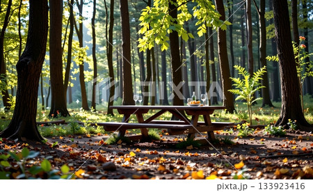 A serene park setting with a picnic table nestled in the woods A serene park setting with a picnic table nestled in the woods 133923416
