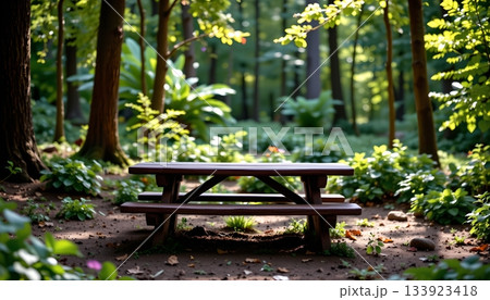 A tranquil outdoor setting with a wooden picnic bench situated in the midst of a lush green forest under a clear blue sky. A tranquil outdoor setting with a wooden picnic bench situated in the midst of a lush green forest under a clear blue sky. 133923418