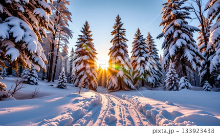 A serene winter scene features a snowy forest with evergreen trees blanketed in snow A serene winter scene features a snowy forest with evergreen trees blanketed in snow 133923438