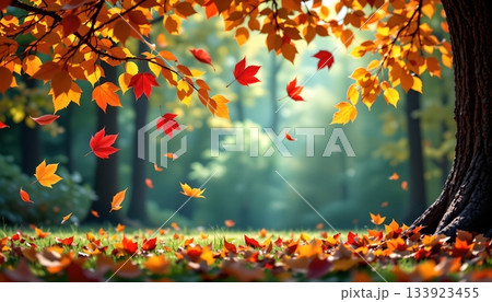 A tranquil autumn scene in a forest clearing, with fallen leaves scattered across the ground 133923455