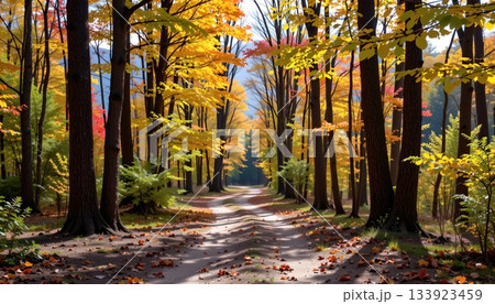 A picturesque autumn forest scene with a road leading through it A picturesque autumn forest scene with a road leading through it 133923459