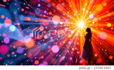 A vibrant scene of an individual standing amidst a dazzling array of multicolored light particles that resemble a dynamic 133923465