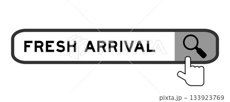Search banner in word fresh arrival with hand over magnifier icon on white background Search banner in word fresh arrival with hand over magnifier icon on white background 133923769