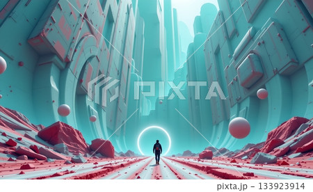 A futuristic looking environment that resembles a grand, architectural structure, possibly from a science fiction setting 133923914