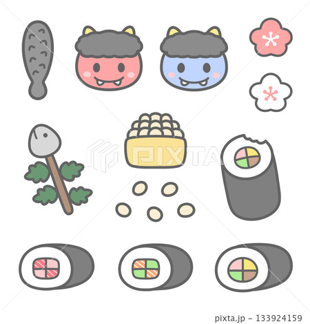 かわいい節分のイラストセット かわいい節分のイラストセット 133924159