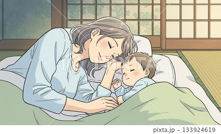和室で寄り添い眠る親子の安らぎ 133924619
