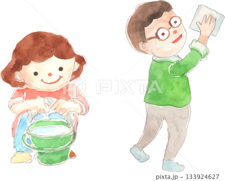 掃除をするお父さんと子どものイラスト　ベクター 133924627