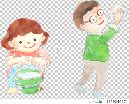 掃除をするお父さんと子どものイラスト　ベクター 133924627