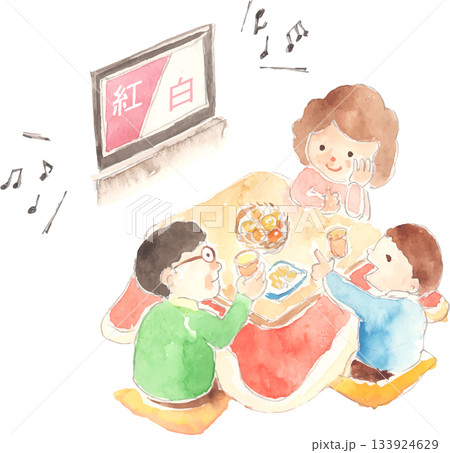 紅白歌合戦を見る家族のイラスト　ベクター 133924629