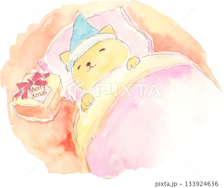 クリスマスの夜にプレゼントを待ちながら眠るクマの水彩イラスト　ベクター 133924636