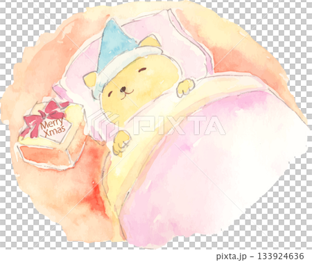 クリスマスの夜にプレゼントを待ちながら眠るクマの水彩イラスト　ベクター 133924636