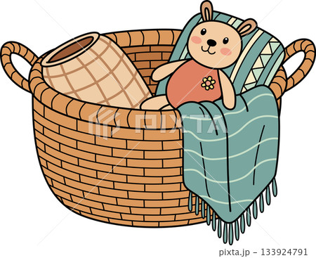 Boho Nursery Wicker Basket with Teddy Bear Blanket and Ceramic Vase Illustration Boho Nursery Wicker Basket with Teddy Bear Blanket and Ceramic Vase Illustration 133924791