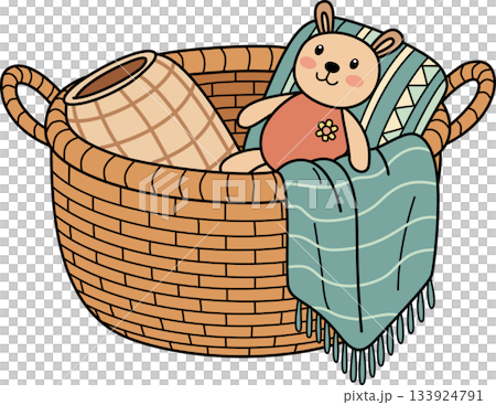 Boho Nursery Wicker Basket with Teddy Bear Blanket and Ceramic Vase Illustration Boho Nursery Wicker Basket with Teddy Bear Blanket and Ceramic Vase Illustration 133924791