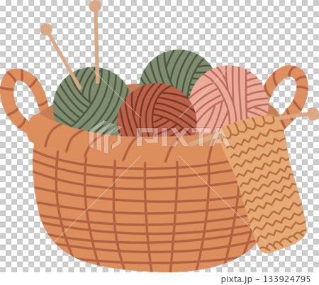 Cozy Wicker Basket with Yarn Balls and Knitting Needles Illustration 133924795
