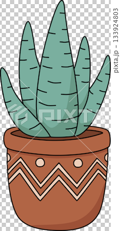 Bohemian Succulent Houseplant in Terracotta Pot with Tribal Zigzag Pattern Illustration 133924803