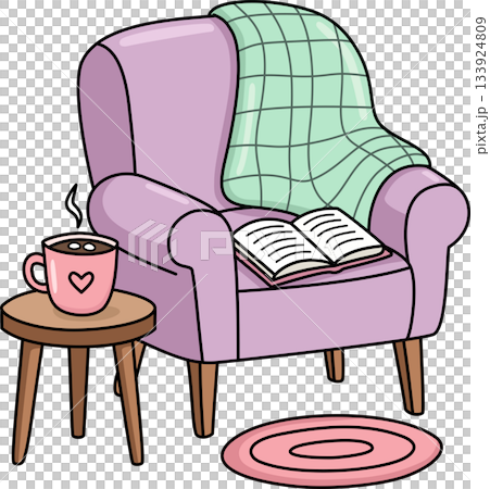 Cozy Armchair with Book and Hot Drink Illustration for Relaxation and Self Care 133924809