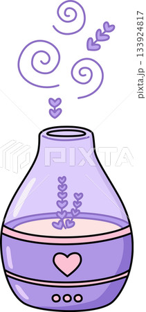 Cute Cartoon Aromatherapy Essential Oil Diffuser Illustration with Lavender Steam Cute Cartoon Aromatherapy Essential Oil Diffuser Illustration with Lavender Steam 133924817