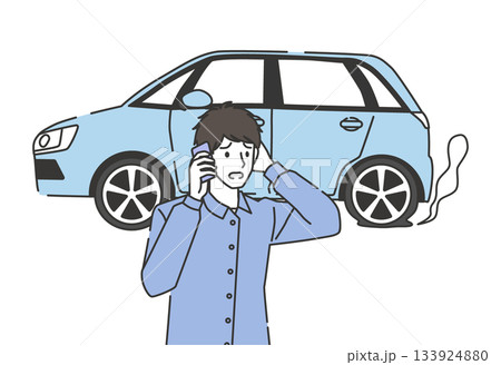 タイヤがパンクして電話で助けを呼ぶ男性のイラスト タイヤがパンクして電話で助けを呼ぶ男性のイラスト 133924880