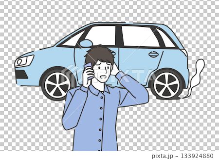 タイヤがパンクして電話で助けを呼ぶ男性のイラスト タイヤがパンクして電話で助けを呼ぶ男性のイラスト 133924880