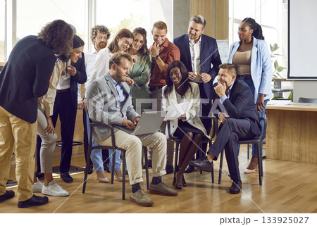 Company employees discussing new projects or startups, analyzing company standing in office. 133925027