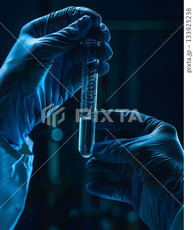 Scientists Hands Holding Glass Test Tube with Liquid Captured in Laboratory Close-Up with Technical Focus 133925236