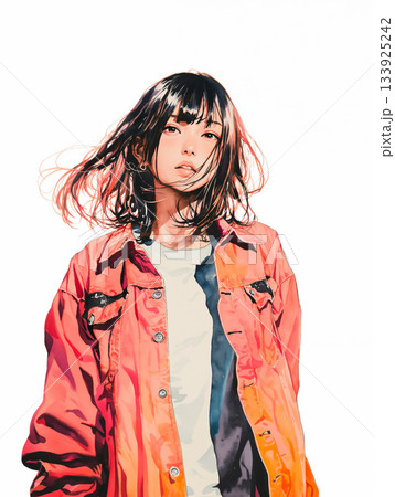 赤いシャツを着てポーズを取る日本人の若い女性 133925242