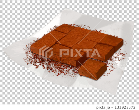 12 pieces of raw chocolate (with cocoa powder) 1 piece cut out and with paper liner 133925372
