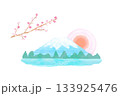 富士山と初日の出と梅の花のかわいい水彩イラスト素材 133925476