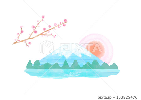 富士山と初日の出と梅の花のかわいい水彩イラスト素材 富士山と初日の出と梅の花のかわいい水彩イラスト素材 133925476