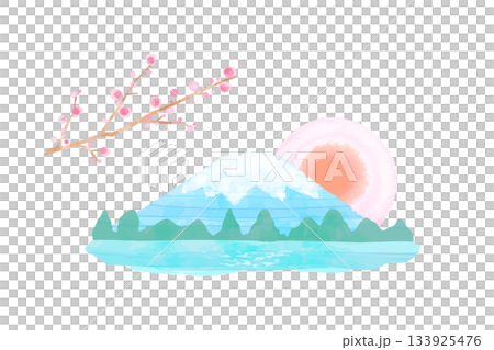 富士山と初日の出と梅の花のかわいい水彩イラスト素材 富士山と初日の出と梅の花のかわいい水彩イラスト素材 133925476