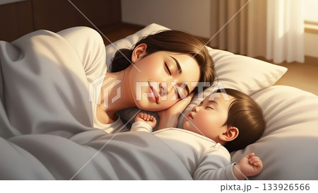 穏やかな朝、母子の寝顔に注ぐ光 133926566