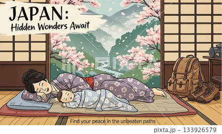 桜舞う日本家屋で安らぎの眠りにつく親子 133926579