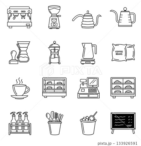 A collection of sixteen black and white line-art icons illustrating essential tools and equipment found in a small coffee shop or cafe, including espresso machines A collection of sixteen black and white line-art icons illustrating essential tools and equipment found in a small coffee shop or cafe, including espresso machines 133926591