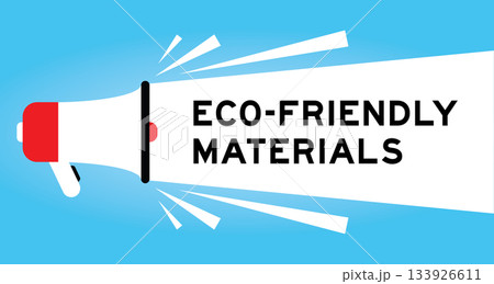 Color megaphone icon with word eco friendly materials in white banner on blue background Color megaphone icon with word eco friendly materials in white banner on blue background 133926611