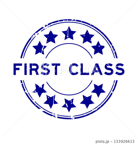 Grunge blue first class word with star icon round rubber seal stamp on white background Grunge blue first class word with star icon round rubber seal stamp on white background 133926613