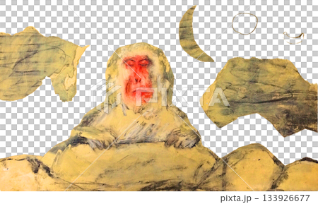 猴子、溫泉、日本猴、冬天、雪、月亮、日式風格、拼貼、背景、素材、插畫、新年卡片、療癒（Hogara） 133926677