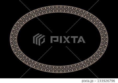Oval frame with gold ornate border features elegant vintage style swirls, lines. Oriental vector frame. Template for laser cutting, engraving, ceramic, plate, wedding Invitation, Scrapbooking design Oval frame with gold ornate border features elegant vintage style swirls, lines. Oriental vector frame. Template for laser cutting, engraving, ceramic, plate, wedding Invitation, Scrapbooking design 133926796